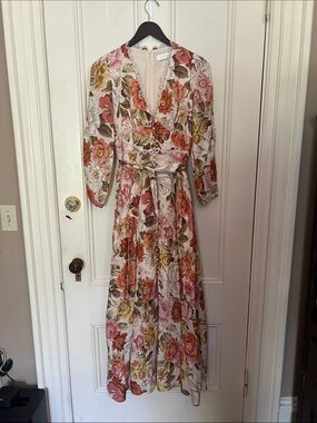 Zimmermann Floral Wrap Maxi Dress in Pink, Cream & Green